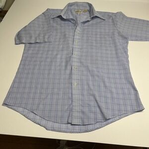 Wedgefield M Woven Plaid Button-Up Shirt Blue Short Sleeve Casual vintage 1970s